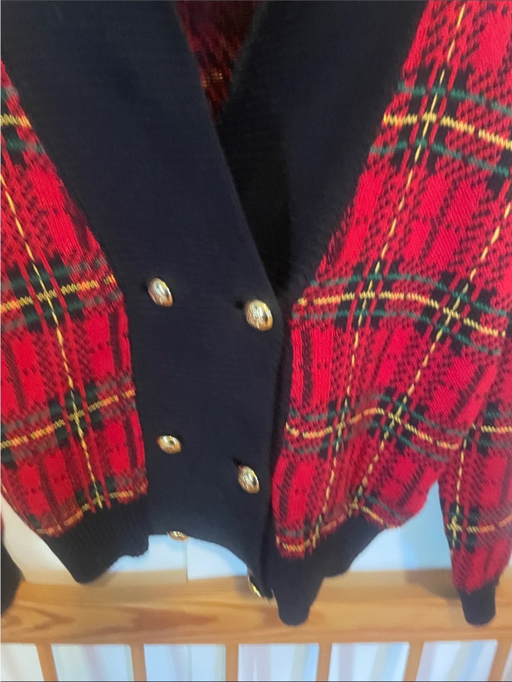 Susan Bristol Red Plaid Cardigan with Black Trim